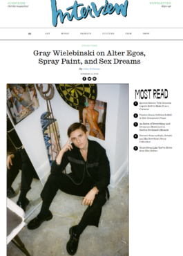 Interview magazine feature on Gray Wielebinski, headline: Gray Wielebinski on Alter Egos, Spray Paint, and Sex Dreams